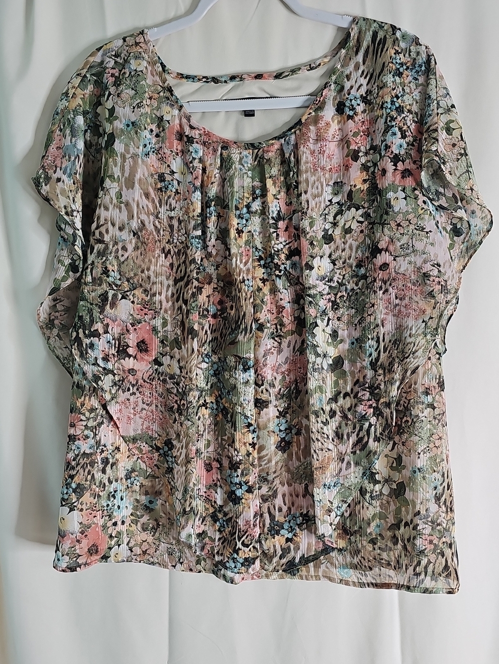 Sara Michelle Sheer Floral & Animal Print Blouse — Pink, Green & Cream - Picture 1 of 7